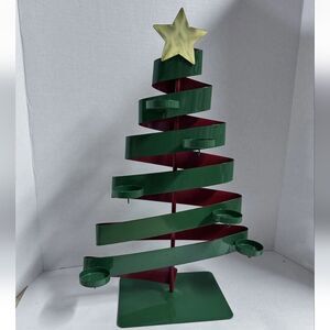 PartyLite Festive Green and Red Spiral Ribbon Tree with Gold And 6 Tealights